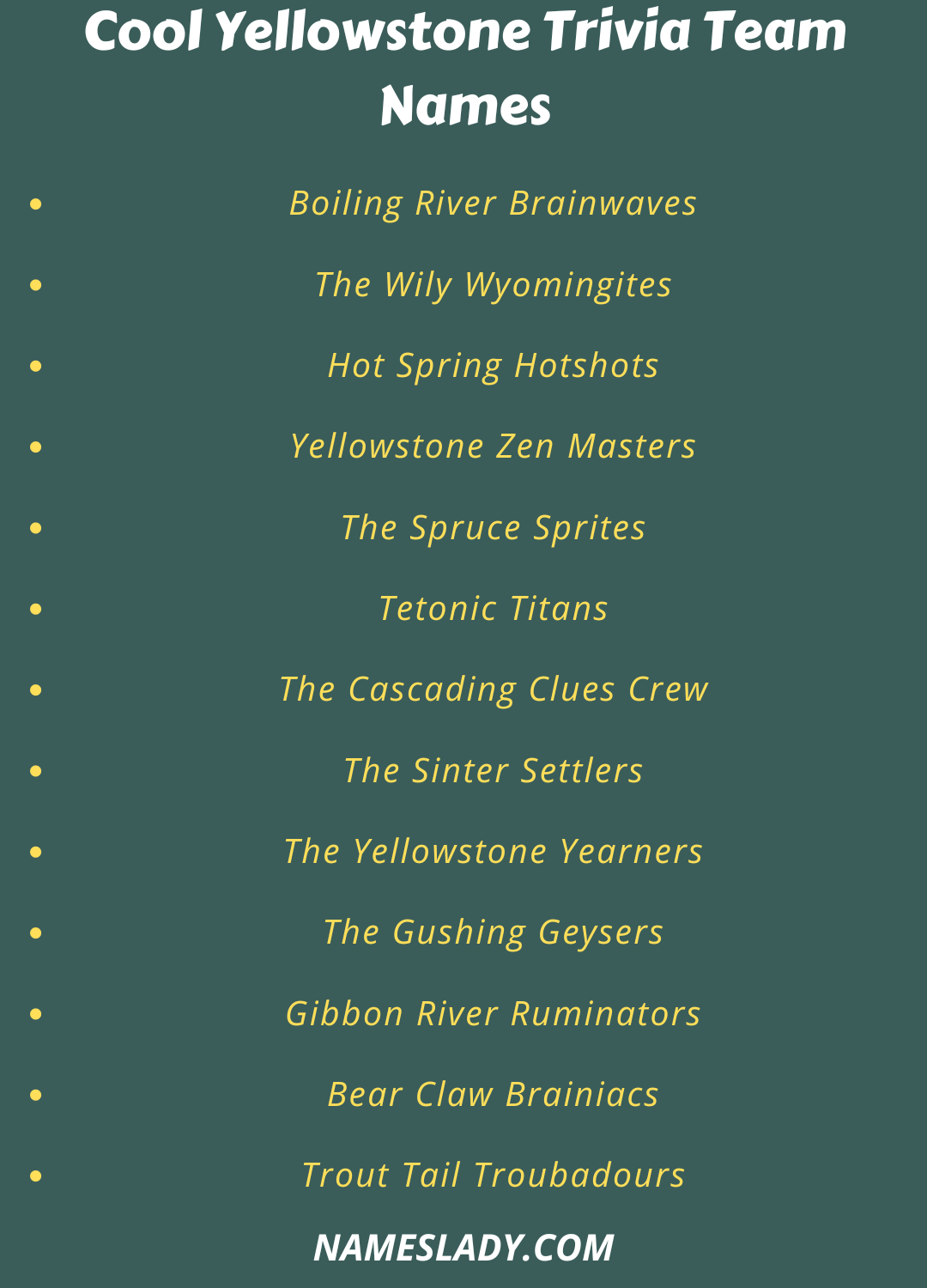 Yellowstone Trivia Team Names